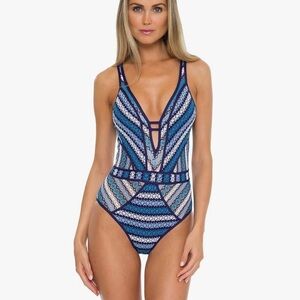 BECCA Blue and White Patterned One Piece Swimsuit